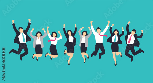 Diverse team of faceless business people in suits jumping with arms raised in celebration.