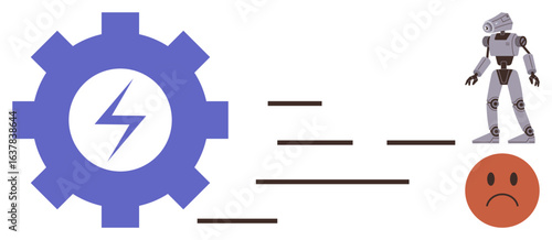 Gear with lightning bolt generating movement towards robot and sad face. Ideal for automation, robotics, efficiency issues, workplace impact, innovation risks, dissatisfaction, technological ethics