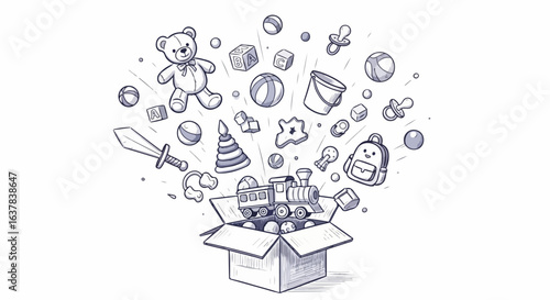 Hand-drawn sketch of classic children's toys exploding from an open cardboard box.