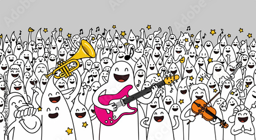 Joyful doodle characters playing guitar, trumpet, and violin for a cheering crowd at a music festival.