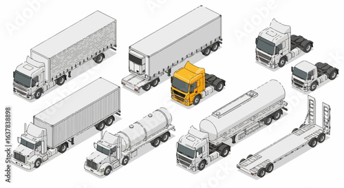 Isometric set of various commercial trucks and semi-trailers, including tankers and flatbeds, in a clean line-art illustration style.