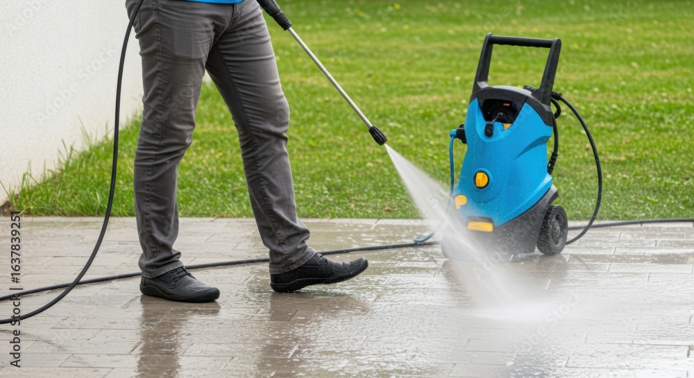 Fototapeta premium Partial View of Cleaning Worker Using Pressure Washer – Water Spraying on Clinic Floor, Equipment in Garden