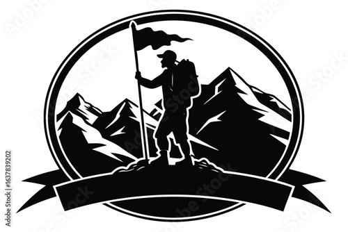 Silhouette climber achieves mountain peak victory, holding a flag, within a circular logo