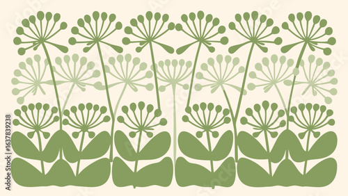 Repeating pattern of stylized green dill flowers with leaves on a cream colored background image view