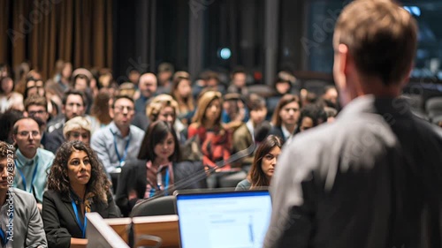 Rear waist-level view of a speaker at a podium with laptop, blurred audience in dim amphitheater.