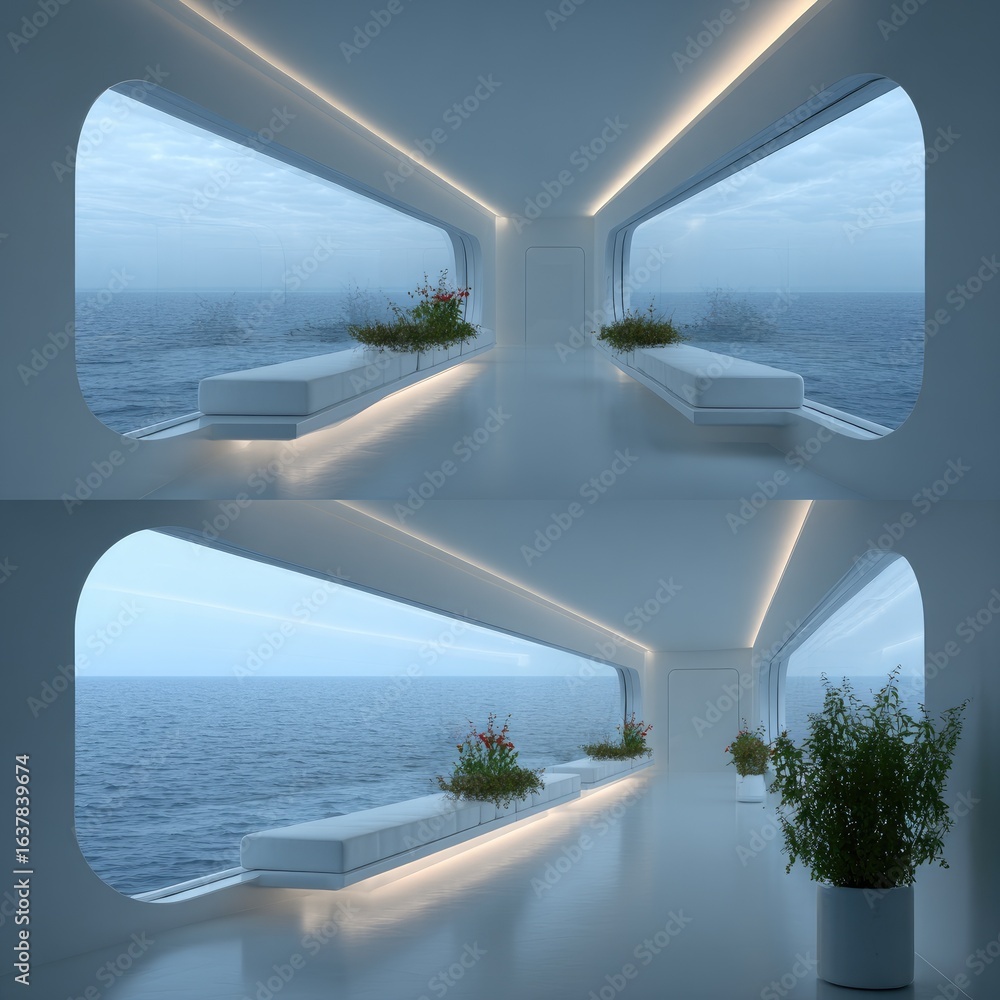Fototapeta premium Modern, futuristic interior with large ocean views