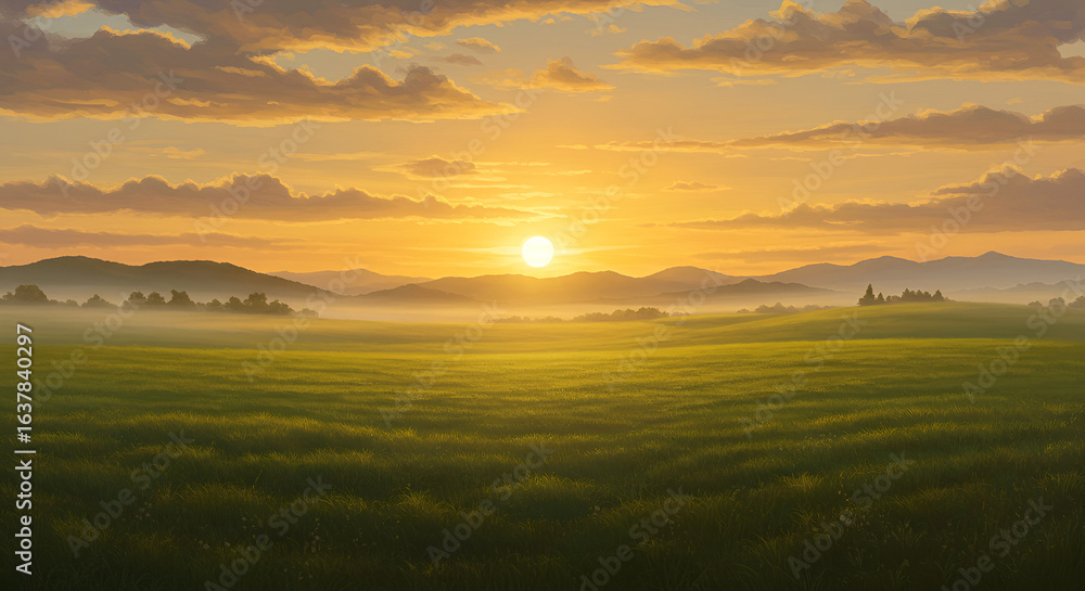 Obraz premium Sunrise over Verdant Meadow — Golden Light and Misty Horizon