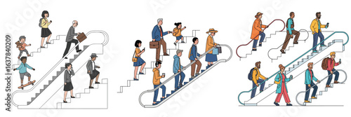 Diverse Groups of People Using Escalators in Public Spaces