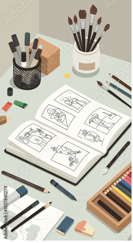 Open sketchbook with various art supplies displayed on a light-colored table, showcasing artistic designs and tools.