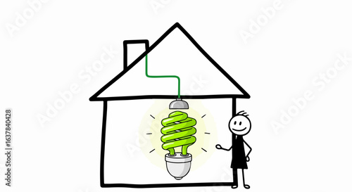 Smiling stick figure presents a house powered by a large green energy-saving spiral light bulb.