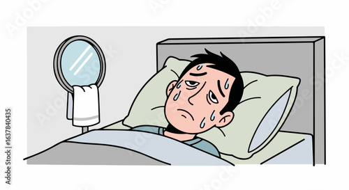 Sweating man with a feverish and anxious expression lying ill in his bed