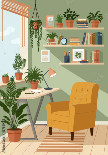 A cozy home office corner, filled with plants, books, and a comfortable armchair, bathed in sunlight.