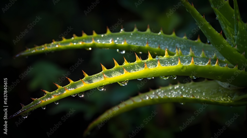 Naklejka premium Close-up view of succulent leaves covered in water droplets.