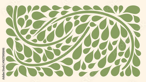 Olive green teardrop pattern with a curved line design on a cream colored background image artwork