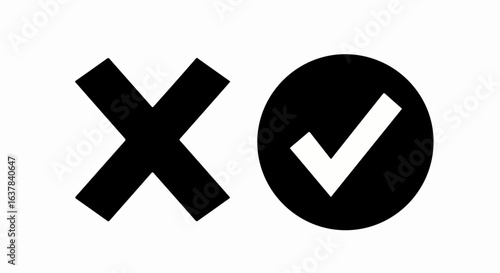 Bold black X mark and a white checkmark inside a black circle, representing choice, approval, and rejection.