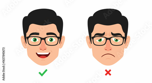Cartoon man with glasses showing contrasting emotions, a happy smiling face and a sad frowning face.