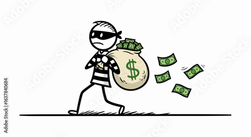 Cartoon stick figure robber in a striped shirt and mask sneaking away with a large bag of money.