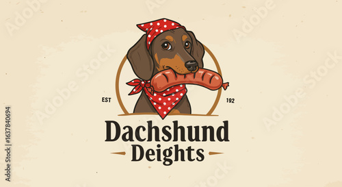 Vintage logo for a dachshund-themed food business, featuring a dachshund holding a sausage.
