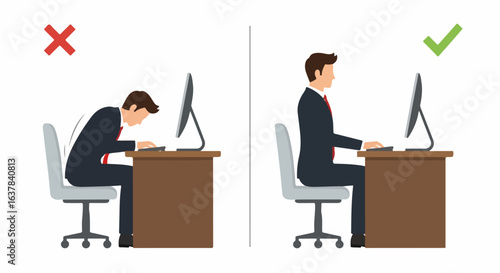 Comparison of correct and incorrect sitting posture for a man at a computer desk, demonstrating proper office ergonomics.
