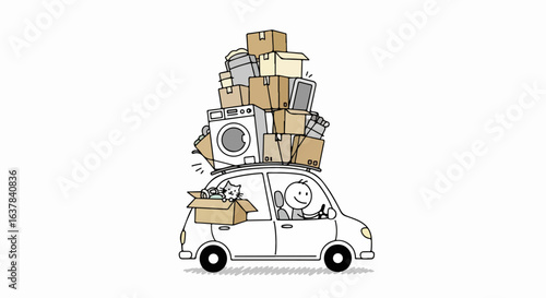Doodle of a smiling stick figure moving, driving a car overloaded with boxes, a washing machine, and a cat.