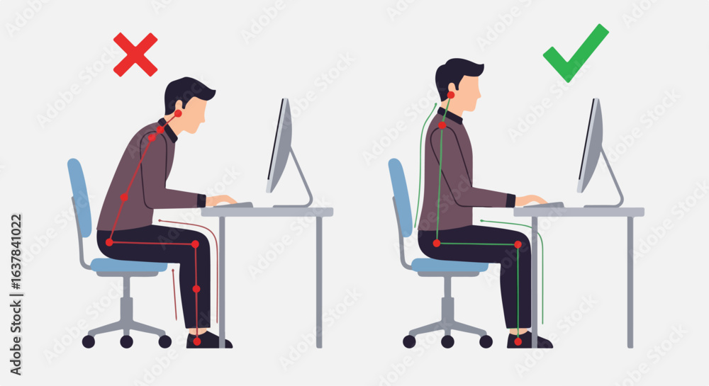 Fototapeta premium Infographic comparing correct and incorrect sitting posture for a man at a computer desk, showing spinal alignment with check and cross marks.