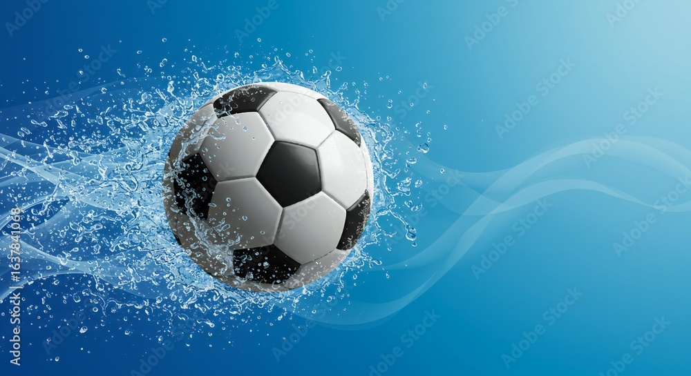 Naklejka premium Soccer ball in water with dynamic splash and blue background