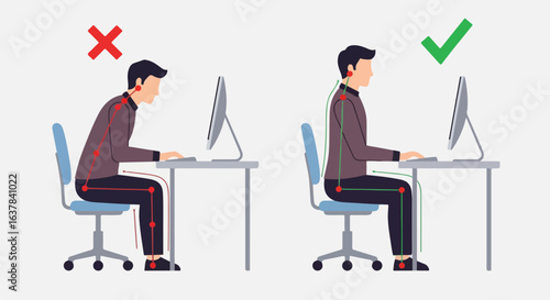 Infographic comparing correct and incorrect sitting posture for a man at a computer desk, showing spinal alignment with check and cross marks.