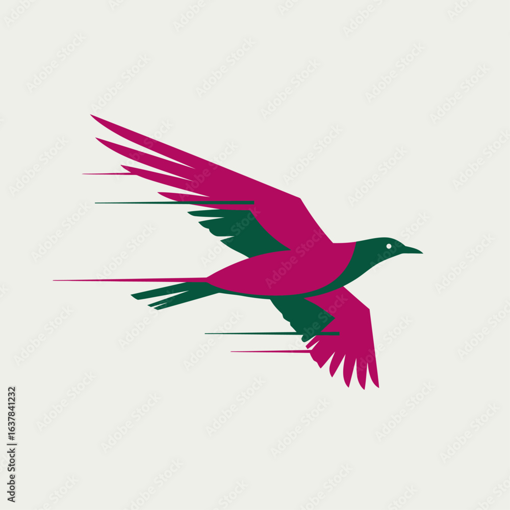 Obraz premium Stylized illustration of a bird in flight, depicted with magenta and green colors, suggesting movement through horizontal lines.