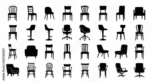 Set of thirty-two black chair silhouettes, showcasing various furniture designs from classic to modern, including office chairs, armchairs, and bar stools.