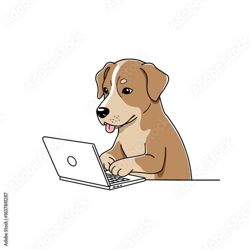 Cute cartoon dog using a laptop computer, focused on work.