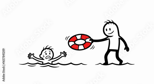 Smiling cartoon character helps a panicked drowning person with a red and white lifebuoy.