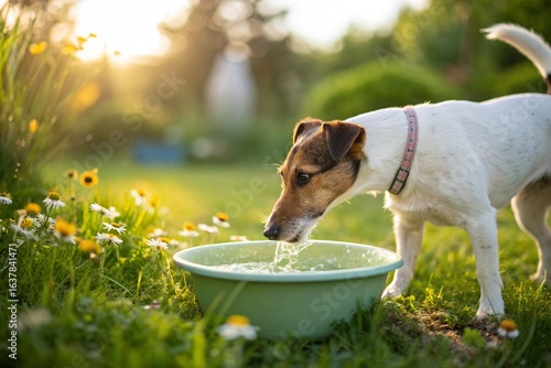 Adorable Smooth Fox Terrier Drinking Water Outdoors on a Sunny Day