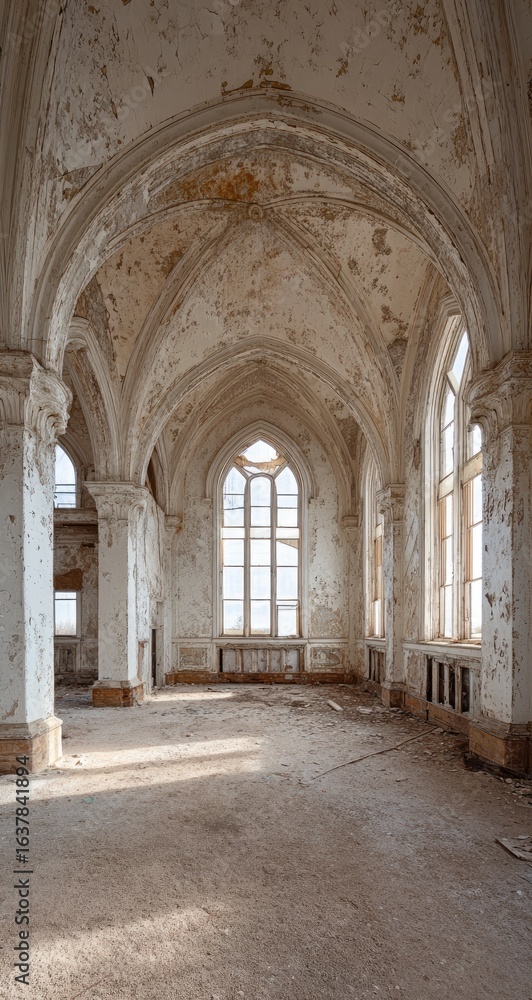 Obraz premium Empty, sunlit, decaying chapel interior