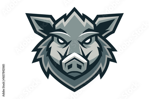 Intimidating gray boar head with sharp features glares forward fiercely on a white backdrop