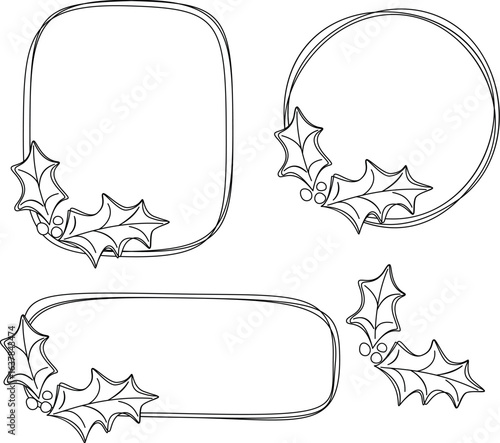 Set of decorative christmas border, Round and square Christmas frame with holly berry