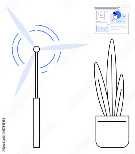 Wind turbine blades spinning, plant in pot, sleek analytics dashboard. Ideal for sustainability, energy, growth, eco-friendly concepts, renewable, office setup simple landing page
