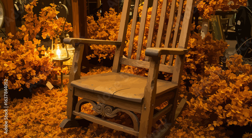 Antique wooden rocking chair surrounded by vibrant fall foliage and a warm lantern.