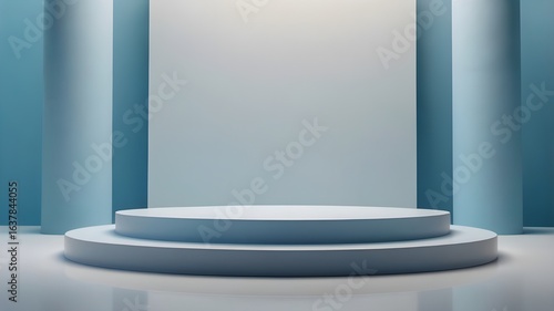Modern Empty Circular Podium on Smooth Floor and Blue Wall Backdrop for Product Presentation