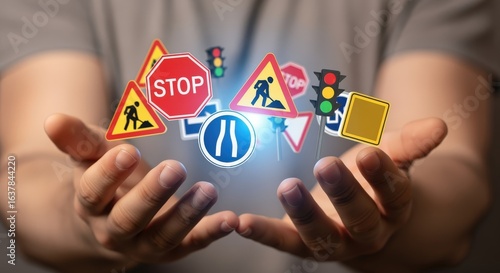 Road Safety Awareness: Hands Presenting a Variety of Traffic Signs and Signals for Driver Education