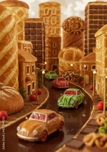 A miniature city crafted from bread, chocolate, and pastries, with tiny cars driving down a road.