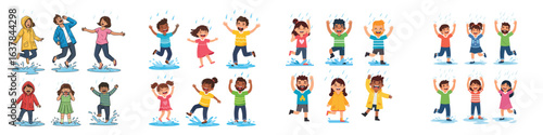 Happy Children and Families Jumping and Playing in Rain Puddles