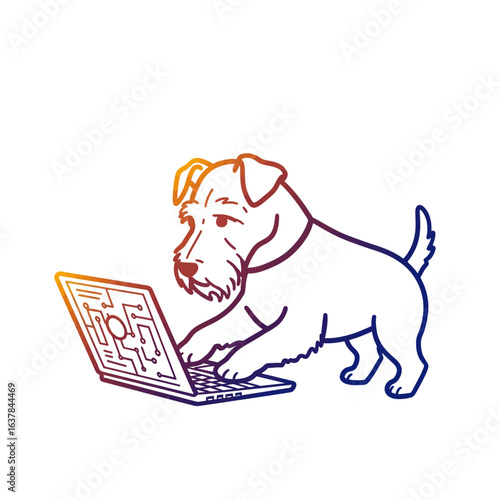 Cute dog character working on a laptop computer.