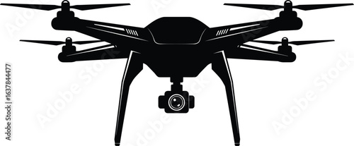 Modern drone silhouette with camera, top UAV technology, quadcopter vector design, unmanned aircraft illustration, cad drawing flat vector illustration