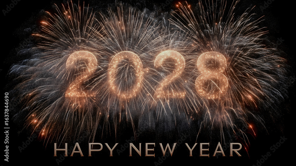 Obraz premium Glowing 2028 Typography with Festive Firework Background. Generative AI