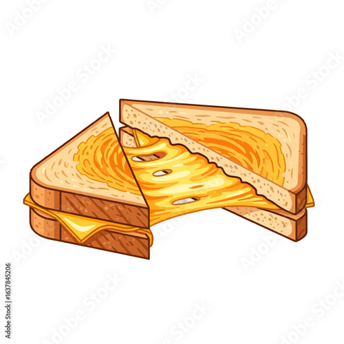 Delicious grilled cheese sandwich illustration with a classic gooey melted cheese pull. American comfort food concept.