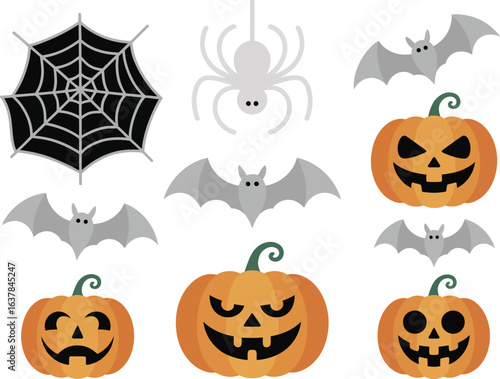 Halloween vector set with carved pumpkins, bats, spider, and web for spooky seasonal designs, banners, and decorations