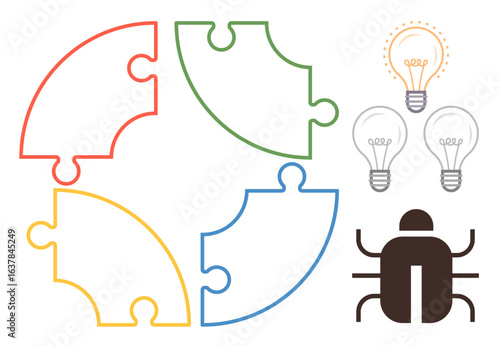 Circular puzzle in four colors, three light bulbs representing ideas, and a bug denoting issues or debugging. Ideal for problem-solving, innovation, collaboration, creativity, troubleshooting, idea