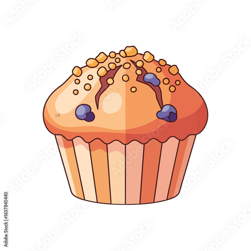 A delicious blueberry muffin with a crumbly streusel topping. A sweet pastry baked dessert concept for breakfast or snack. Isolated vector illustration.