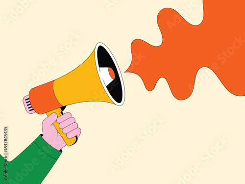 Hand holding megaphone with orange speech bubble — vector illustration for alerts, campaigns, notifications, and promotions