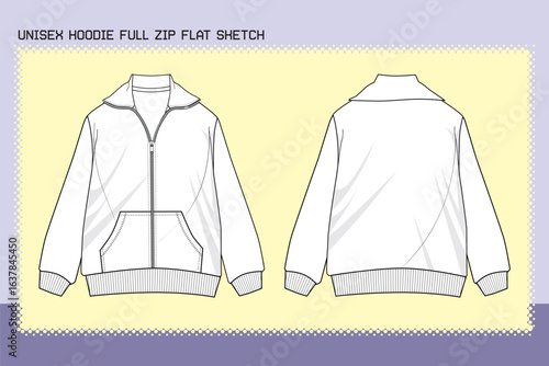 UNISEX HOODIE FULL ZIP FLAT SKETCH FASHION TEMPLATE TECHNICAL DRAWING ILLUSTRATION.cdr